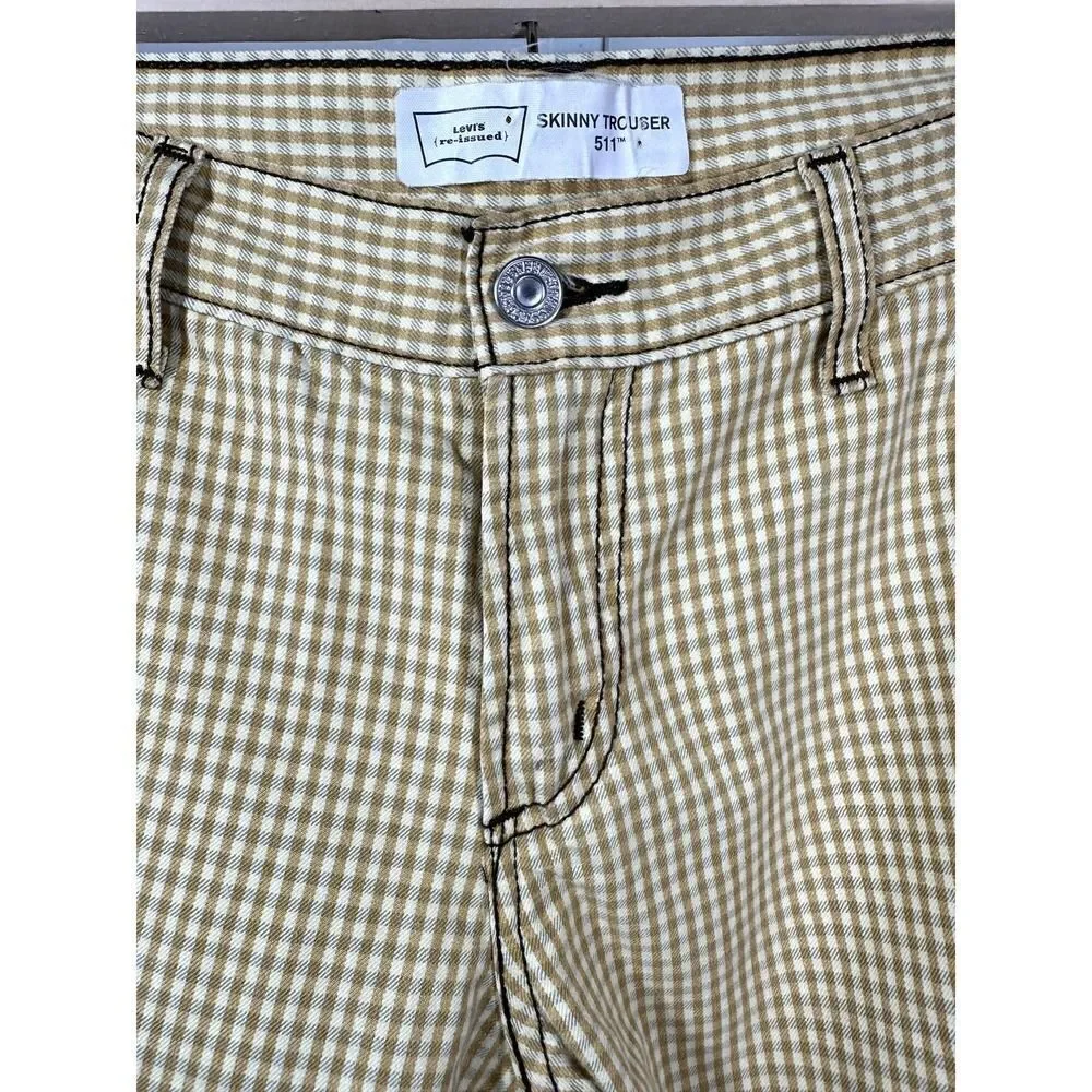 LEVI'S Unisex 511 Cotton Gingham Checker Print Skinny Trouser Jeans Tan Size 30